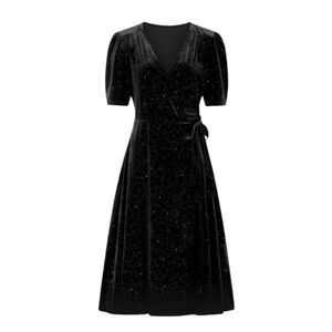 NEW Collectif black velvet sparkle Cassandra wrap midi dress‎ 10